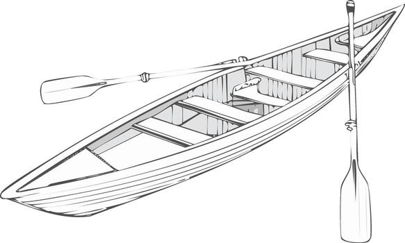 Line drawing of an empty canoe with two paddles resting inside vector