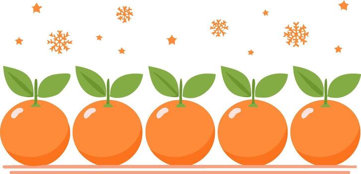 Oranges with Leaves Arranged in a Row with Star and Snowflake Decoration vector