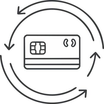 Outline Credit Card with Circular Arrows Illustrating Recurring Payments and Transactions vector
