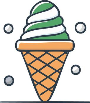 Swirled green and white soft serve ice cream in a waffle cone illustration vector