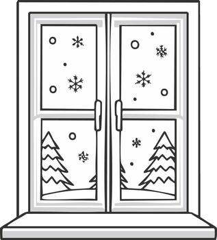 Winter Scene Through Window with Snowflakes and Trees, Outline Drawing vector