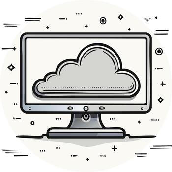 Cloud storage on a Computer screen with hand drawn decoration elements in a simple cartoon style vector