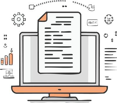 Computer screen displaying document with financial and technical icons surrounding it vector