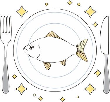 Single Fish on Plate with Fork and Knife, Sparkles vector