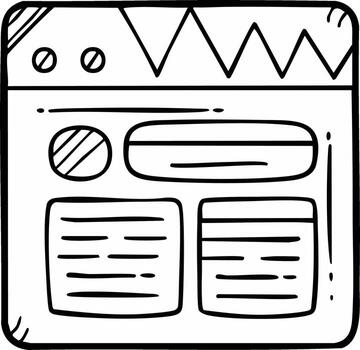 Hand drawn doodle illustration of a web browser window displaying a website layout user interface vector
