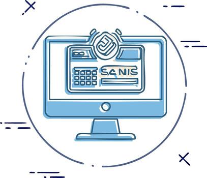Desktop computer displaying a software user interface with a keypad and icon in a line art style vector