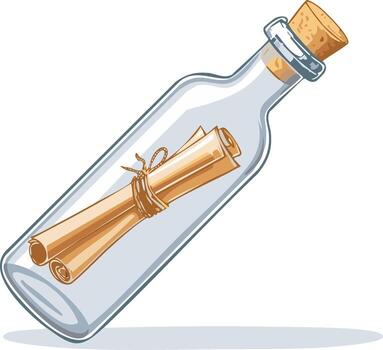 dibujos animados ilustración de un mensaje en un botella, presentando un arrollado Desplazarse y corcho tapón vector