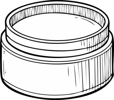Hand drawn open cosmetic jar illustration. Black and white sketch of a cream pot container with a blank label vector