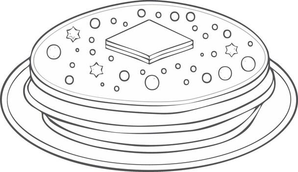 Stylized line art illustration of a stack of pancakes with a pat of butter and decorative circles and stars vector