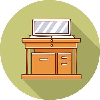 mano dibujado computadora escritorio con cajones y monitor en un verde circulo vector