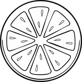 Stylized black outline drawing of a fresh citrus fruit slice with internal segments and seeds vector