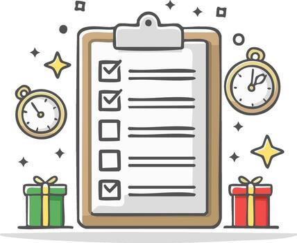 Festive Task List Clipboard with Checks, Clocks and Presents for Holiday Efficiency and Planning vector