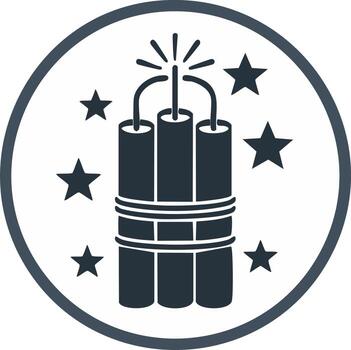 Lit bundle of dynamite sticks with sparking fuse and energetic stars inside a circular icon vector