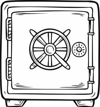 Hand drawn outline illustration of a secure safe strongbox with turning wheel and combination dial vector