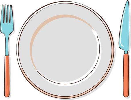 Modern minimalist illustration of an empty dinner plate with fork and knife for meal service vector