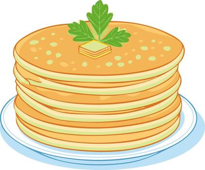 Stack of pancakes on a plate, topped with butter and parsley, breakfast food vector