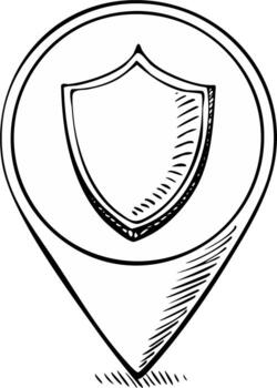 Hand drawn sketch of a map pin with a shield icon for secure location concept vector