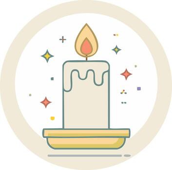 Illustrated candle icon with fire and glowing sparkles within a circular frame vector