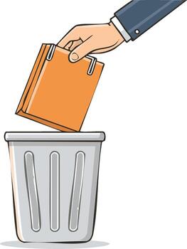 Document disposal illustration Hand putting paperwork into a trash container, discarded folder concept vector