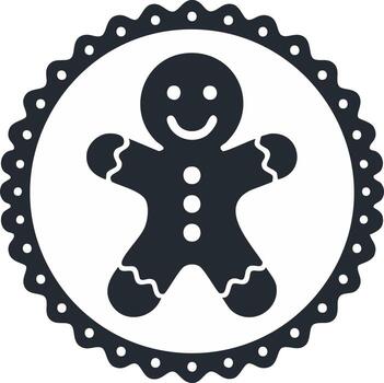 Simple gingerbread man cookie graphic with a smiling face in a classic scalloped circular frame vector