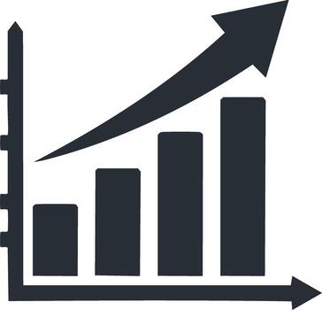 Simple flat icon of a growing bar graph with an arrow pointing up symbolizing profit and progress vector