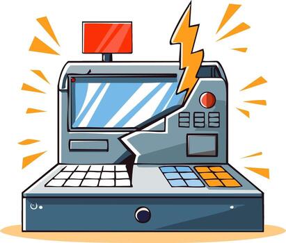 Malfunctioning ATM with cracked screen lightning bolt illustration depicting system failure error vector