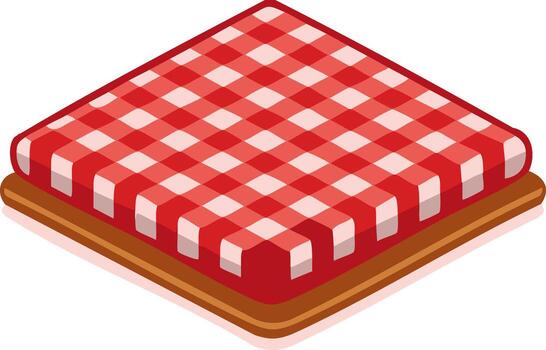 Isometric illustration of a picnic table with red and white checkered tablecloth vector