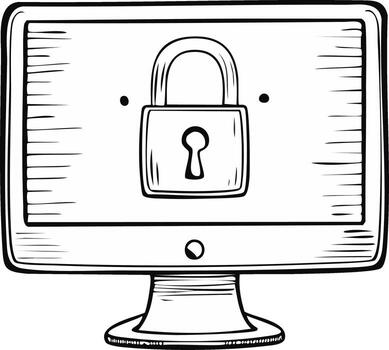 Monochrome Computer Screen with Security Padlock, Symbolizing Data Safety and Cyber Protection, Hand Drawn Illustration vector