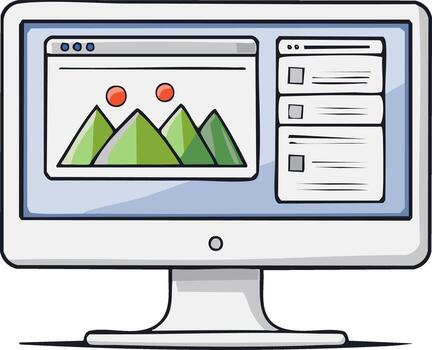 Cartoon Style Computer Screen Displaying Photo and List Elements in Open Windows vector