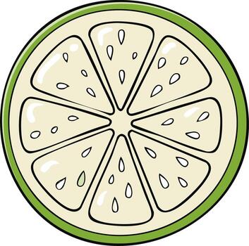 Cartoon illustration of a lime slice with seeds and segmented sections, fresh citrus fruit vector