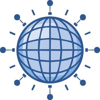 Blue world globe illustration with radiating connection points symbolizing global network data communication vector