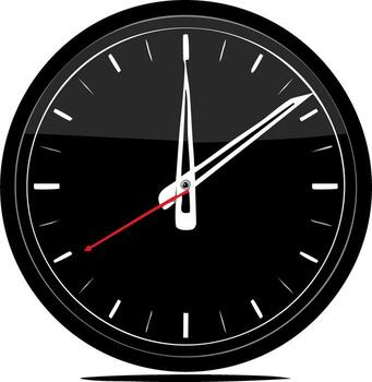 Black round clock face with white hands and a red second hand illustrating time measurement or countdown vector