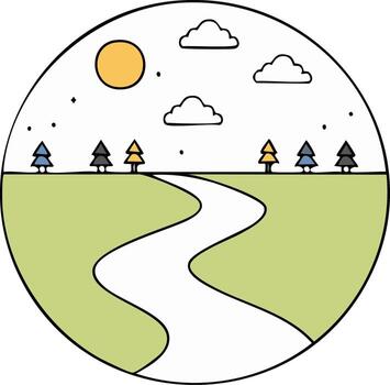 Cartoon scene of a winding path, trees, sun, clouds, and stars within a circle vector