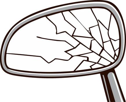 Broken side-view mirror in grayscale, damaged car part with cracks and shards vector