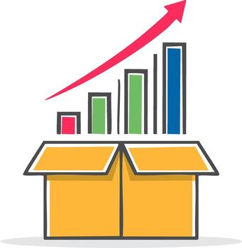 Colorful bar graph with an upward arrow emerging from an open box illustrating business growth and potential vector