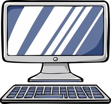 Computer desktop setup cartoon illustration featuring a monitor and keyboard for office work or technology projects vector