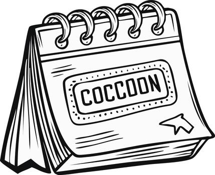 Doodle style illustration of a spiral-bound desktop calendar displaying 'COCCOON' and an arrow for scheduling or ideas vector