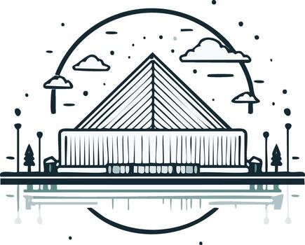 ilustración de un atirantado puente rodeado por nubes y arboles reflejado en agua abajo gráfico Arte vector