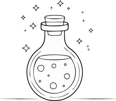 Magical Potion Bottle with Bubbles, Outline Style with Stars, Healing or Spell Elixir vector