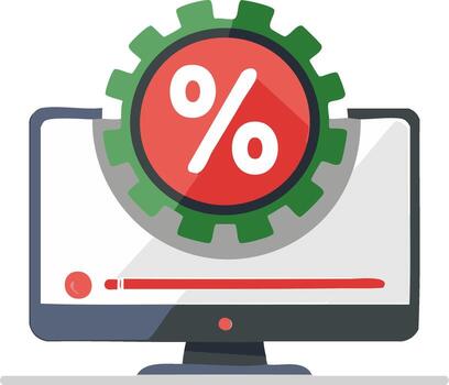 Data processing and performance optimization icon with gear and percent symbol on a computer monitor vector