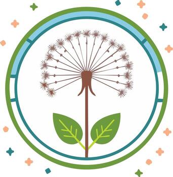 Stylized Dandelion Seed Head with Leaves Inside a Circular Frame vector