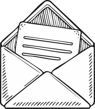 Hand drawn illustration of an open envelope with a letter inside showing lines of text vector