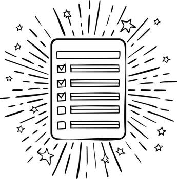 Checklist with check marks, sunburst, and stars vector