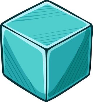 Isolated teal cube with shadow and outline. Solid blue green geometric shape. 3D box object vector
