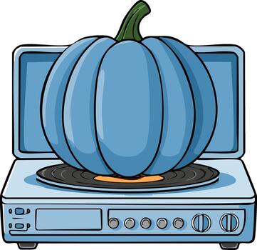 Whimsical Blue Pumpkin on a Retro Record Player Concept, Autumn Vibes, Unique and Creative Halloween Design vector