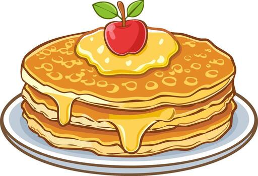 Stack of Pancakes Drizzled with Syrup and a Red Apple on Top of a Plate Breakfast vector