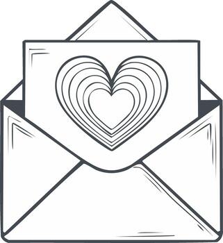 Open envelope with hand drawn concentric heart message line art doodle illustration vector