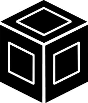 Black cube icon with bold white outlines in a 3D isometric perspective graphic vector