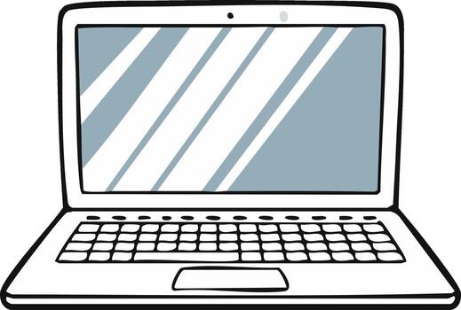 Hand-drawn illustration of an open laptop computer with a blue screen and keyboard vector