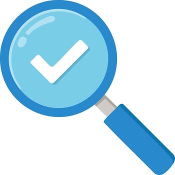 Blue Magnifying Glass with Check Mark Icon, Approval Symbol for Quality Assurance or Validation vector